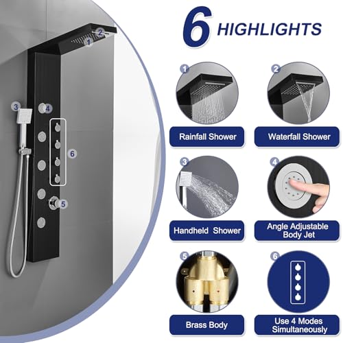 ROVATE 4-in-1 Rainfall Waterfall Shower Panel Tower System, Black | Shower Column with Body Massage Jets and Handheld, Stainless Steel High Pressure, Use Multiple Functions Simultaneously - color: Black Finish