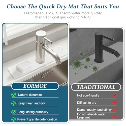 Diatomite Quick-Drying Stone Mat Set, Stone Mat for Kitchen Sink & Bathroom Sink Cover for Counter Space, Fits Soap Cups Sponges, Fast Water-Absorbing to Keep Dry (White, 15.7×3.9inch)
