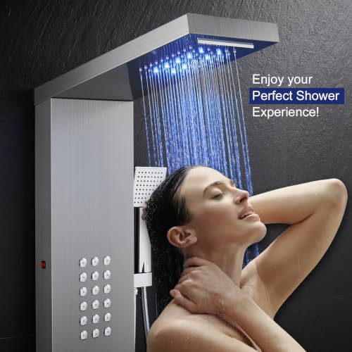 ROVATE 5 in 1 LED Rainfall Waterfall Shower Panel Tower System, Brushed | High Pressure Stainless Steel Shower Column with Tub Spout, Powerful Body Jets, Flexible Handheld, Brass Mixing Valve Body - style: 5 Modes-Brushed-2 Jets