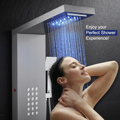 ROVATE 5 in 1 LED Rainfall Waterfall Shower Panel Tower System, Brushed | High Pressure Stainless Steel Shower Column with Tub Spout, Powerful Body Jets, Flexible Handheld, Brass Mixing Valve Body - style: 5 Modes-Brushed-2 Jets
