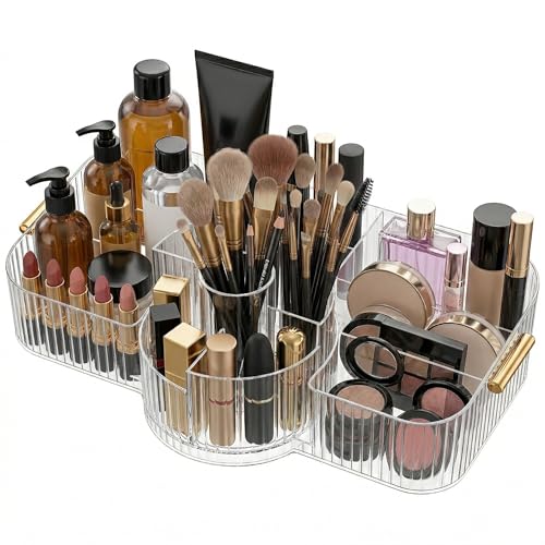 Rotating Makeup Organizer Countertop for Vanity, Cologne Organizer for Men, 360° Spinning Cosmetic Display Case with Brush Holder, Premium Handles, Acrylic Skincare Storage for Bathroom Countertop