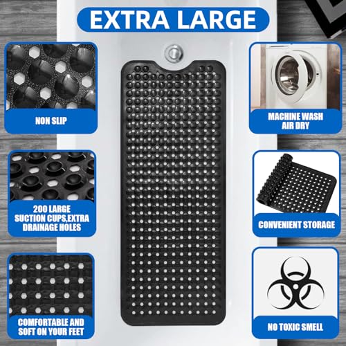 MOONFLY Shower and Bathtub Mat,40x16 Inches,Extra Long Non Slip Mats with Suction Cups and Drain Holes, Machine Washable and Anti Slip Bathmats, Bathroom Mats for Tub Nonslip (Black) - color: Black