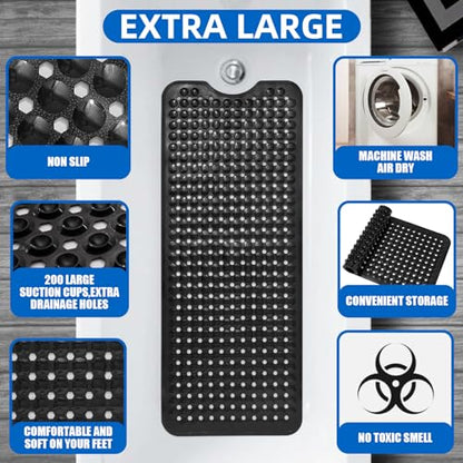 MOONFLY Shower and Bathtub Mat,40x16 Inches,Extra Long Non Slip Mats with Suction Cups and Drain Holes, Machine Washable and Anti Slip Bathmats, Bathroom Mats for Tub Nonslip (Black) - color: Black
