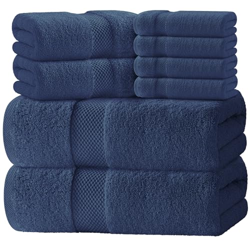 White Classic Luxury Bath Towel Set of 8 Pieces - 100% Turkish Cotton Highly Absorbent Towels for Bathroom, 2 Luxury Bath Towels 700GSM, 2 Hand Towels, 4 Washcloths, Navy - color: 15: Navy Blue