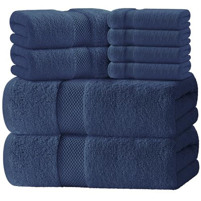 White Classic Luxury Bath Towel Set of 8 Pieces - 100% Turkish Cotton Highly Absorbent Towels for Bathroom, 2 Luxury Bath Towels 700GSM, 2 Hand Towels, 4 Washcloths, Navy - color: 15: Navy Blue