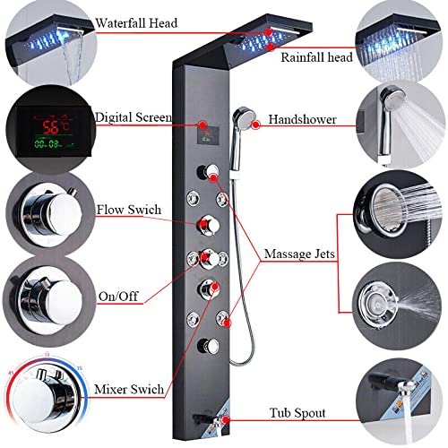 LED Light Shower Panel Tower Rainfall Waterfall Shower Head with Massager Jets Body System Jet