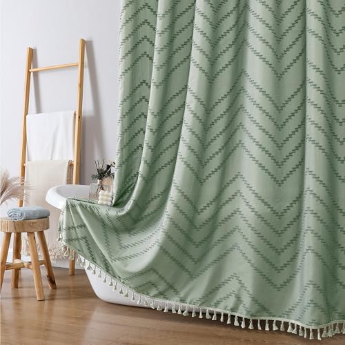 Extra Long Sage Green Boho Shower Curtain, Chic Tufted Chevron Striped Textured Cloth Fabric Shower Curtains with Tassel for Bathroom, Soft Hotel Style Farmhouse, Machine Washable, 72x96 - color: Sage Green, size: 72"W x 96"L (Pack of 1)