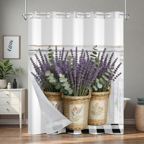 No Hook Floral Shower Curtain with Liner, Lavender Basket Bathroom Shower Curtain and Snap in Liner Set, Summer Bathroom Waterproof Shower Curtains with Mesh Top Window and Weighted Hem, 71x74 Inches - color: Lavender Basket
