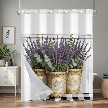 No Hook Floral Shower Curtain with Liner, Lavender Basket Bathroom Shower Curtain and Snap in Liner Set, Summer Bathroom Waterproof Shower Curtains with Mesh Top Window and Weighted Hem, 71x74 Inches - color: Lavender Basket