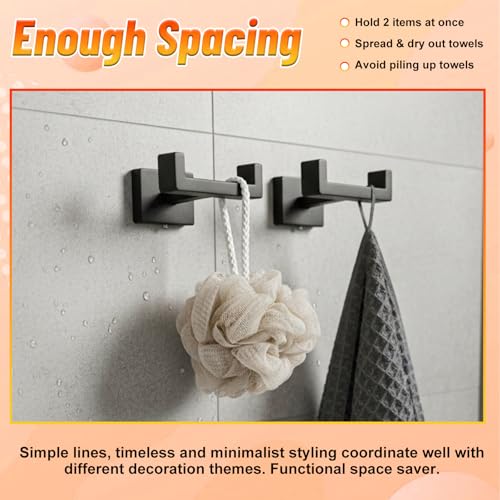 3 Pcs Angle Simple Double Towel Hook, Stainless Steel Shower Double Robe Coat Hooks for Wall, Hand Towel Holder for Bathroom Wall Livingroom Bedroom Kitchen Closet (Black)
