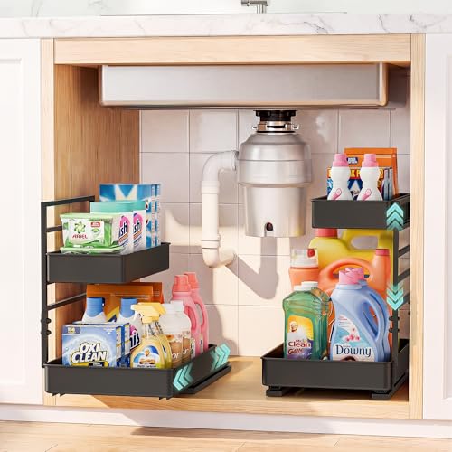 EVERIE Height Adjustable 2 Tier Metal Pull Out Slide Shelf Organizer for Under Sink Cabinets in Kitchen, Bathroom, with Snap-on Top Tray, 16" Deep (Black, 2 Sets) | Pull Out - color: Black, size: 2 Sets