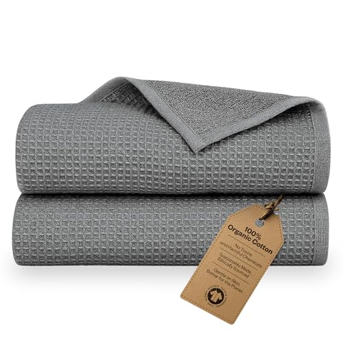 100% Organic Cotton Bath Sheet Set of 2 | Luxury 650 GSM Beach & Spa Towel Sheet | Soft Extra Large Quick Dry Towel for Bathroom | Waffle Terry Weave | Grey 35x70