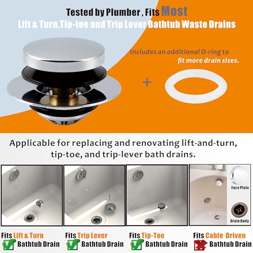 Tub Drain, 2 in 1 Pop-up Bathtub Plug with Hair Catcher | Easy Installation Bath Drain Stopper with Strainer, Chrome Plated - color: Chrome Plated