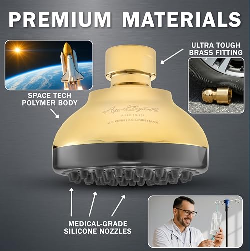Aqua Elegante Pressure Boosting Shower Head - 1.8 GPM - Polished Brass | 3 Inch Wall Mount, Water Saving Showerhead, Best For Low Flow Showers With Anti-Clog Nozzles & Adjustable Brass Fitting - color: Polished Brass, size: 1.8 GPM