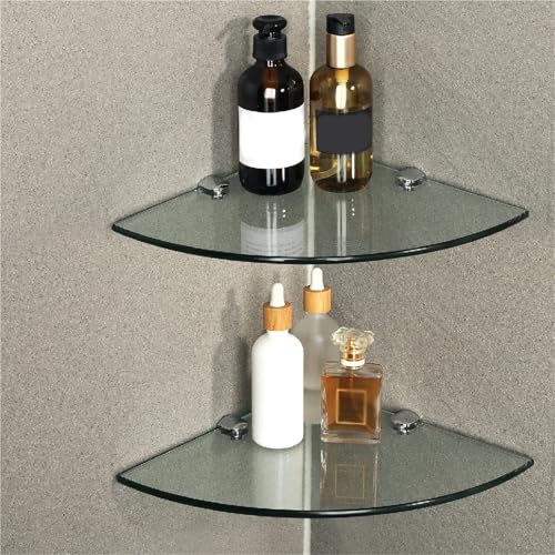 Bathroom Glass Corner Shelf Wall Mounted 7MM Tempered Transparent Glass with Chromed Shelf Brackets