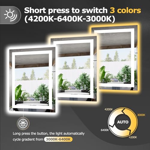 Hivone 24"X32" LED Bathroom Mirror with Lights, Anti-Fog, Dimmable, Backlit + Front Lit, Smart Bathroom Vanity Mirror, Memory Function, Shatterproof, Tempered Glass (Horizontal/Vertical) - size: 24"L x 32"W