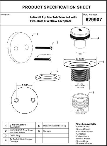 Tip-Toe Bathtub Drains Trim Set with Two-Hole Overflow Faceplate, Replacement Bath Drain Trim Kit with 2-Hole Overflow Faceplate and Universal Fine/Coarse Thread (Chrome Plated) - color: Chrome Plated