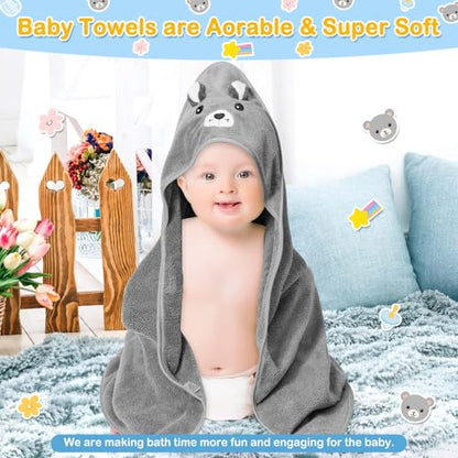 4PCS Hooded Baby Towels Set, 32x32in Baby Towels for Essentials (Gray Bear) | 1 Baby Towel & 3 Baby Washcloths Set, Cute Animal Hooded Towel, Ultra Absorbent & Soft, Cute Infant Essentials for Boy & Girl - color: Gray Bear-4pcs