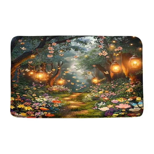 Enchanted Forest Bath Mat for Bathroom Fantasy Misty Jungle Green Tree Colorful Floral Flower Butterfly Lantern Nature Scenic Indoor Outdoor Floor Rugs - size: 23.6“x35.4”