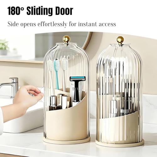 JEESA Dustproof Toothbrush Holder with Cover, Beige | 360° Rotating, 180° Sliding Lid, 3 Slots, Toothbrush Organizer, for Bathroom Countertop - color: Beige