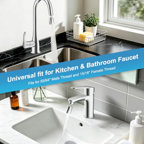 Faucet Aerator 4 Modes, 360° Swivel Faucet Sprayer Head Attachment, Chrome | NSF/ANSI/CAN 372 Certified, 55/64" Bathroom& Kitchen Sink Faucet Head, 2 Big-Angle Rotating Metal Joints, 15/16" Male Adapter - color: Chrome, style: 2 Swivel Joints