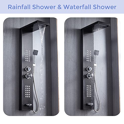 Delavin Multi Fuction Shower Panel, Shower Tower, Rainfall Waterfall Stainless Steel Shower Panel Tower System, Full Body Shower System with Body Jets, Tub Spout, Handheld Shower, Brushed Black | Stainless Steel, Rainfall Waterfall, Body Jets, Tub Spout,