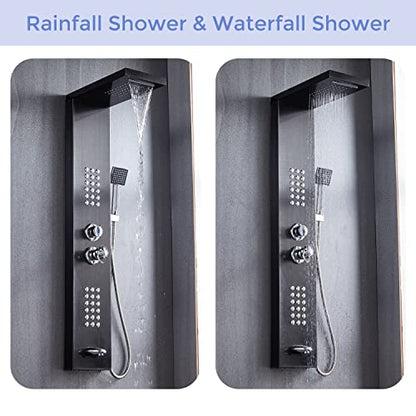 Delavin Multi Fuction Shower Panel, Shower Tower, Rainfall Waterfall Stainless Steel Shower Panel Tower System, Full Body Shower System with Body Jets, Tub Spout, Handheld Shower, Brushed Black | Stainless Steel, Rainfall Waterfall, Body Jets, Tub Spout,