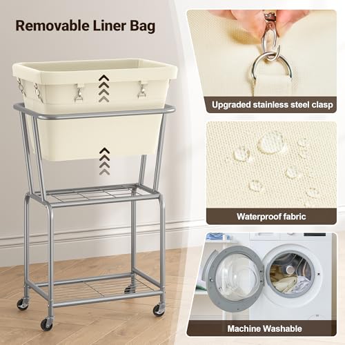 ELYKEN Rolling Laundry Hamper with Wheels, Removable Bag, Laundry Cart | Heavy Duty Metal Frame, 2-Tier Clothes Basket with Shelf, Ideal for Closet, Bedroom, Bathroom & Laundry Room - color: Cream, size: 20.3"L x 15.9"W x 30.9"H