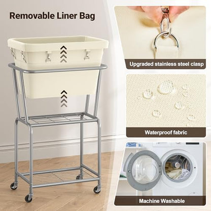 ELYKEN Rolling Laundry Hamper with Wheels, Removable Bag, Laundry Cart | Heavy Duty Metal Frame, 2-Tier Clothes Basket with Shelf, Ideal for Closet, Bedroom, Bathroom & Laundry Room - color: Cream, size: 20.3"L x 15.9"W x 30.9"H