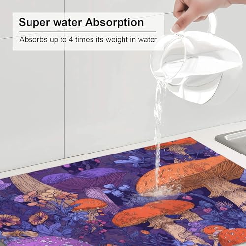 Mushroom Pattern Dish Drying Mat for Kitchen Counter Absorbent Microfiber Reversible Fast Drying Pad Countertop Protector Extra Large 18"x24"Dish Mat - color: Purple-Mushroom