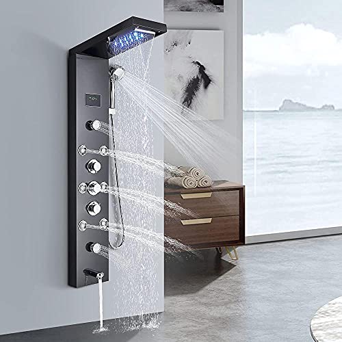 Bathroom Shower Panel Tower System LED Temperature Display Body Jets Shower Set Waterfall Rain Shower Head 6 Functions Temperature Display-Black