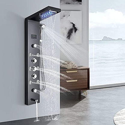 Bathroom Shower Panel Tower System LED Temperature Display Body Jets Shower Set Waterfall Rain Shower Head 6 Functions Temperature Display (Black) - color: Black