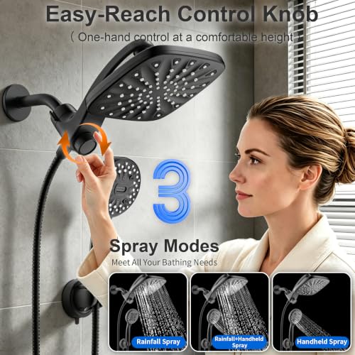 Dual Rainfall Shower Head With Handheld Showerhead, High Pressure Shower Head With Handheld Spray Combo, 8-Mode Showerhead with Adjustable Extension Arm, 71" Hose & Suction Cup Holder, Matte Black - color: Matte Black
