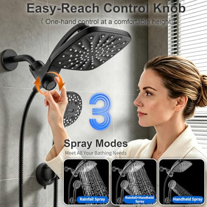 Dual Rainfall Shower Head With Handheld Showerhead, High Pressure Shower Head With Handheld Spray Combo, 8-Mode Showerhead with Adjustable Extension Arm, 71" Hose & Suction Cup Holder, Matte Black - color: Matte Black