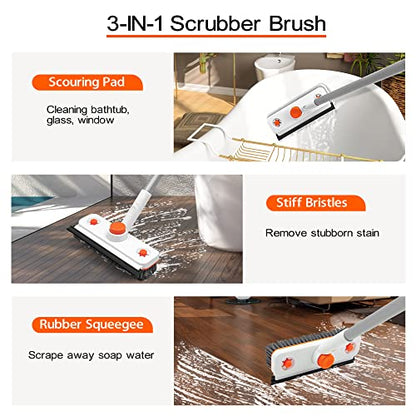 Floor Scrub Brush with Long Handle, 3 in 1 Extendable Stiff Bristle Scrape Brush, 60-In Shower Scrubber Brush with Squeegee and 2 Replacement Heads for Cleaning Bathroom Kitchen Deck Tub Tile