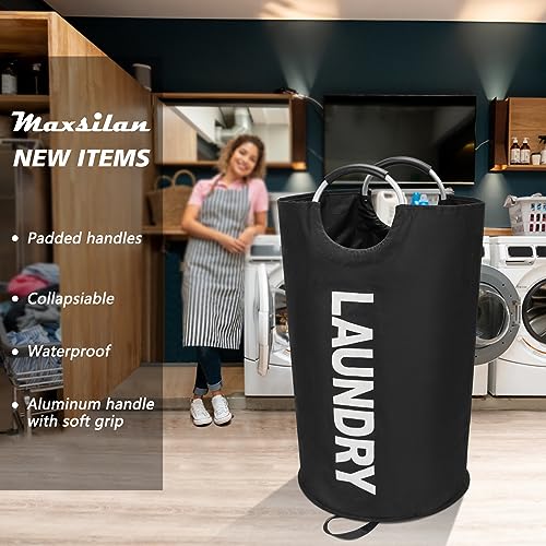 Maxsilan 125L X-Large Laundry Basket Bag, Collapsible Tall Hamper, Black | Freestanding tall laundry bag & foldable washing basket. Extra large clothes storage bin with durable sturdy handles - color: Black, size: 125L