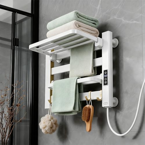 Towel Warmer Rack, Space Aluminum Electric Heated Towel Racks for Bathroom, 4 Bars Wall Mounted Bath Towel Heater with Built-in Timer&Temperature Adjustment, Plug-in, White&Gold - color: White&gold