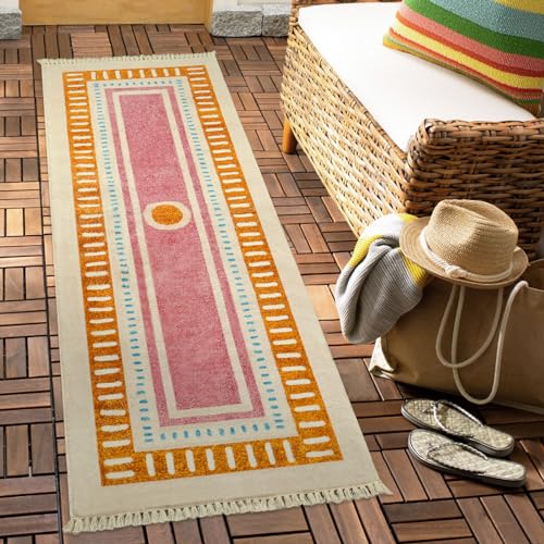 Lukinbox Boho Bathroom Runner Rugs with Fringes, 2x6 Sun Washable Hallway Runner Rug, Extra Long Soft Non-Slip Orange Rainbow Area Rug for Kitchen Laundry Room Entryway - size: 2' x 5'11" (Rectangular)