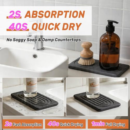 2 PCS Water Absorbing Stone Tray, Quick Drying Diatomite Sink Tray, Non-Slip Drying Mat for Bathroom Vanity & Kitchen Counter, Soap Dispenser Sponge Holder Organizer, White 8.3x4 Inch (Black) - color: Black