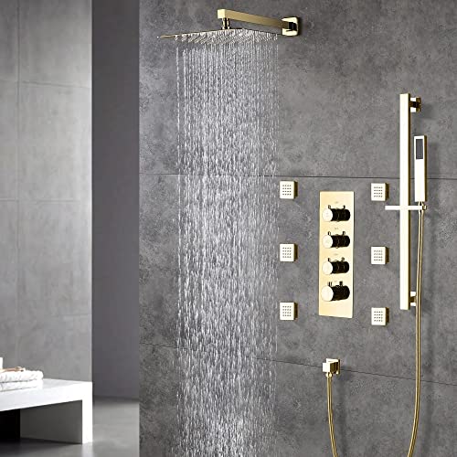Cascada Luxury 12” Rainfall Shower set (Wall Mounted) with 4 knob thermostatic Valves & 3 functions (Rainfall, Body jets & Hand Shower) (Brushed Gold) - color: Brushed Gold