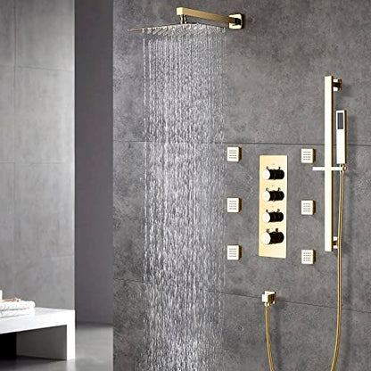 Cascada Luxury 12” Rainfall Shower set (Wall Mounted) with 4 knob thermostatic Valves & 3 functions (Rainfall, Body jets & Hand Shower) (Brushed Gold) - color: Brushed Gold