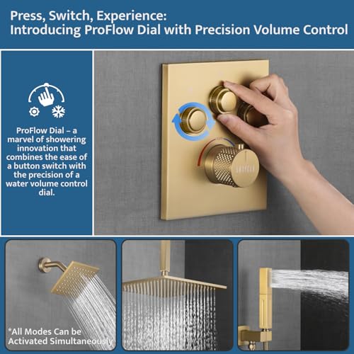 Thermostatic Shower System Brushed Gold, Push Button Diverter Shower Faucet with 2 in 1 Handheld, Ceiling Mount 12 Inch Shower Head with 6 Inch Wall Mount Shower Head - color: Brushed Gold, style: 12 Inch