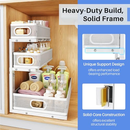 Under Sink Organizer, 3-Tier Thickened Metal Pull out Cabinet Organizer Shelf, Height Adjustable Slide out Storage Drawer Rack for Kitchen Bathroom Pantry Laundry Home Organization, 2-Pack, White | 35% Extra Storage Capacity, Carbon Steel, Hold Up 55lbs,