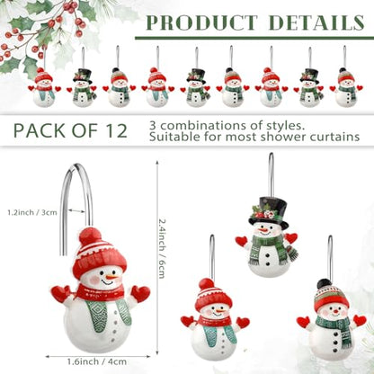 Colingmill 12 Pcs Christmas Snowman Shower Curtain Hooks Xmas Snowman Shower Curtain Hooks Holiday Bathroom Rust Resistant Decor Rings for Winter Bathroom Bedroom Farmhouse Decorations - style: Snowman