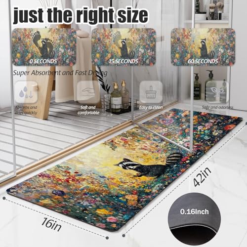 Bathroom Runner Mat Rugs Long,Cute Raccoon Flowers Image Diatomite Stone Bath Mat Large Absorbent Diatomaceous Earth Mat Non Slip Fast Dry Shower Mat Bathroom Rugs Floor Mat 16x42in - color: Design13