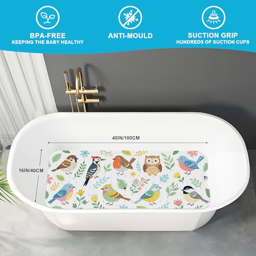 Baby Bath Mat for Tub Non Slip Kids, BPA Free Extra Long Bathtub Mat 40x16 with Drain Holes and 200 Suction Cups, Non Toxic Machine Washable Toddler Bath Mat, Eco-Friendly Certified - color: Bird
