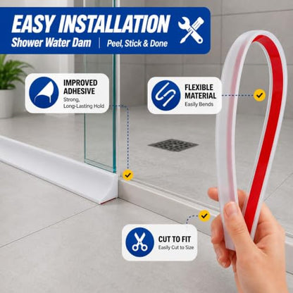 Shower Threshold Water Dam, 67 in Flexible Barrier, Transparent | Flexible peel-and-stick water barrier for shower thresholds, sink edges, and countertops; 67 x 0.79 x 0.47 in - color: Transparent, style: 67Inch