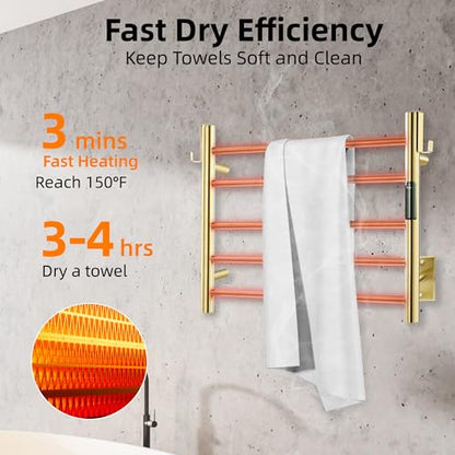 P&Dlusir EL13 Heated Towel Rack, Polished Gold, 5 Bar | Fast Heat in 2 Min, Smart Timer, Thermo Control, Memory Functoion, Stainless Steel, Hard-Wired/Plug-in - color: Polished Gold, size: 21.65"W x 17.72"H