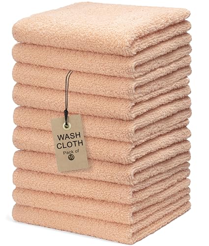 Textila Terry Wash Cloths – Pack of 10, Soft Peach, 12x12 Inches – Soft, Absorbent & Multipurpose Cotton Washcloths for Face, Hand, Bath, Kitchen, Spa, Gym & Hotel Use - color: Soft Peach