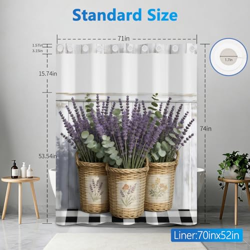 No Hook Floral Shower Curtain with Liner, Lavender Basket Bathroom Shower Curtain and Snap in Liner Set, Summer Bathroom Waterproof Shower Curtains with Mesh Top Window and Weighted Hem, 71x74 Inches - color: Lavender Basket